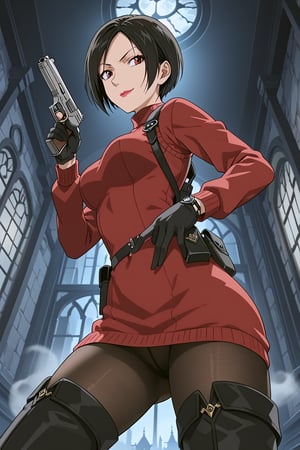 score_9,score_8_up,score_7_up,soutce_resident_evil_4,ada wong,solo, (burgundy_sweater,thigh boots,black pantyhose,holster,harness,black gloves,one handgun),smug,pointing handgun,action, action_pose,inside_castle,horror_themed,dark,night,fog,viewed_from_side,low-angle_shot,official anime screenshot,official anime screencap,source_anime