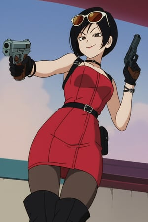 score_9,score_8_up,score_7_up,ada wong,solo, (brown trenchcoat, short shoulderfree red dress,thigh boots,black pantyhose,holster,harness,black gloves,sunglasses on head,handgun,aiming,smug,viewed_from_below,official anime screenshot,official anime screencap,source_anime,drgbls1