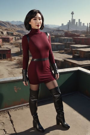 ((((Fallout 4 style)))), 24yo li bingbing, with BLACK asymmetrical blunt bobcut, (black eyeshadow), wearing (burgundy turtleneck sweater dress) with ((black_harness)), ((((black nylon pantyhose)))) under, (((long Black leather thighhigh boots))), in apocalyptic ((wastecity)), smirk, volumetric lighting, Render this image in 8K Extremely Realistic, Ensure the image is in 8K resolution, maintaining an 8K RAW photo level quality, treated as a masterpiece. ensuring the render is extremely realistic and detailed, following the high standards of SDXL. Enhance the realism and detail of the hands (Perfect hands:1.2), Fallout_4
