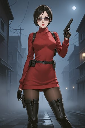 score_9, score_8_up, score_7_up, source_resident_evil_4,1girl,solo, ada wong, (burgundy sweater, thigh boots, black pantyhose, sunglasses,holster, black gloves,handgun), dynamic_pose, horror themed, dark,night,fog