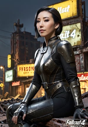 ((((Fallout_4_style)))), 24yo chinese girl Li Bingbing, with BLACK asymmetrical blunt bobcut, (black eyeshadow), wearing (chinese stealth suit), sitting in apocalyptic ((wastecity)), smirk, hypnosis gaze, nighttime, haze, perfect composition, epic, rtx on, UHD, 32K, photorealistic, ((natural realistic skin tone and texture)). Fallout_4_logo,