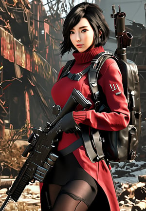 ((((Fallout_4_style)))), 24yo chinese girl Li Bingbing, with BLACK asymmetrical blunt bobcut, (black eyeshadow), wearing (burgundy turtleneck sweater dress) with ((black_harness)), ((((black nylon pantyhose)))) under, (((long Black leather thighhigh boots))), backpack, she holds a (((Assault Rifle))), in apocalyptic ((wastecity)), smirk, hypnosis gaze, haze, perfect composition, epic, rtx on, UHD, 32K, photorealistic, ((natural realistic skin tone and texture)). Fallout_4_logo