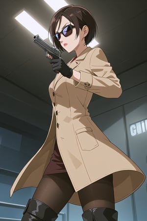 score_9,score_8_up,score_7_up,source_resident_evil_2,ada wong,solo, (brown trenchcoat,thigh boots,black pantyhose,black gloves,sunglasses,one handgun),serious,action shot,gunshot,dynamic_pose,action_pose,indoors,horror_themed,dark,night,dark atmosphere,spooky,viewed_from_side,low-angle_shot,official anime screenshot,official anime screencap,source_anime