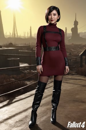 ((((Fallout_4_style)))), 24yo chinese girl, with BLACK asymmetrical blunt bobcut, (black eyeshadow), wearing (burgundy turtleneck sweater dress) with ((black_harness)), ((((black nylon pantyhose)))) under, (((long Black leather thighhigh boots))), in apocalyptic ((wastecity)), smirk, volumetric lighting, Render this image in 8K Extremely Realistic, Ensure the image is in 8K resolution, maintaining an 8K RAW photo level quality, treated as a masterpiece. ensuring the render is extremely realistic and detailed, following the high standards of SDXL. Enhance the realism and detail of the hands (Perfect hands:1.2), Fallout_4_logo