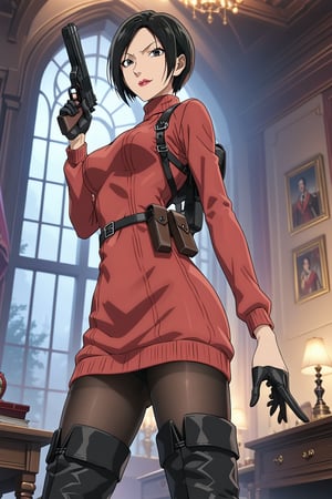 score_9,score_8_up,score_7_up,source_resident_evil_4,ada wong,solo, (burgundy_sweater,thigh boots,black pantyhose,holster,harness,black gloves,one handgun),smug,pointing handgun,presenting_foot,action, action_pose,inside_castle,horror_themed,dark,night,fog,viewed_from_side,low-angle_shot,official anime screenshot,official anime screencap,source_anime