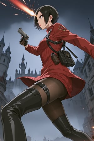 score_9,score_8_up,score_7_up,source_resident_evil_4,ada wong,solo, (burgundy_sweater,thigh boots,black pantyhose,holster,harness,black gloves,one handgun),serious,action shot,gunshot,dynamic_pose,action_pose,inside_castle,horror_themed,dark,night,fog,viewed_from_side,low-angle_shot,official anime screenshot,official anime screencap,source_anime,