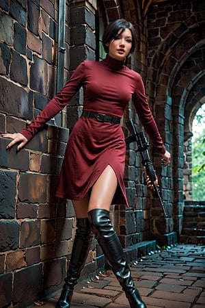 Beautiful 25yo Ada Wong with Asymmetrical Short Hair in the midst of an intense firefight, wearing her (burgundy turtleneck sweater dress), (((black nylon pantyhose))), ((long black leather thighhigh boots)), from 'ResidentEvil' Game, skillfully handling a rifle. The scene unfolds in a medieval castle, captured in a gritty, action-packed battle sequence. She is modeled with volumetric lighting, enhancing the drama of the scene. Render this image in 8K using Octane, focusing on achieving an extremely hyper-detailed and intricate composition that feels like an epic. The cinematic lighting should be emphasized to create a masterpiece effect. The scene should mirror a stunningly detailed matte painting, rich with deep, fantastical colors and a complementary color scheme, capturing the essence of fantasy concept art. Ensure the image is in 8K resolution, utilizing Unreal Engine 5 for an advanced render. Chiaroscuro and bioluminescent effects should be used to create dramatic contrasts, with volumetric light adding auras and rays in vivid colors. Her face should be prominently framed, conveying intensity and focus. Choose an editorial medium full body shot style of photography, maintaining an 8K RAW photo level quality, treated as a masterpiece. Incorporate twilight, natural, and beautifully dramatic lighting to create a trending piece on ArtStation and CGSociety. This dramatic lighting contributes to an immersive and intense atmosphere, while avoiding specific art styles like artgerm, Liang Xing, or WLOP to maintain originality. Keep the chiaroscuro subtle (chiaroscuro:0.2) for a realistic touch, ensuring the render is extremely realistic and detailed, following the high standards of SDXL. Enhance the realism and detail of the hands (Perfect hands:1.2), M16 Rifle series,Extremely Realistic,SDXL,realistic,style,character,woman,girl