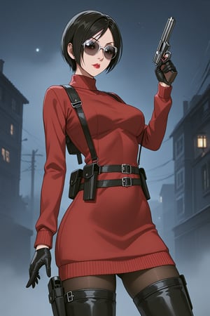 score_9, score_8_up, score_7_up, source_resident_evil_4,1girl,solo, ada wong, (burgundy sweater, thigh boots, black pantyhose, sunglasses,holster, black gloves,handgun), dynamic_pose, horror themed, dark,night,fog