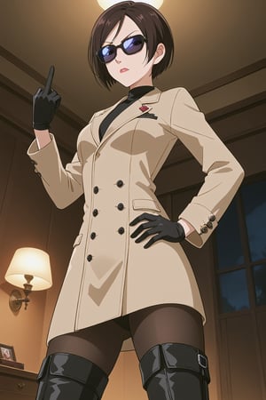 score_9,score_8_up,score_7_up,source_resident_evil_2,ada wong,solo, (brown trenchcoat,thigh boots,black pantyhose,black gloves,sunglasses),serious,shows middle finger,hand on hip,indoors,horror_themed,dark,night,dark atmosphere,spooky,low-angle_shot,official anime screenshot,official anime screencap,source_anime