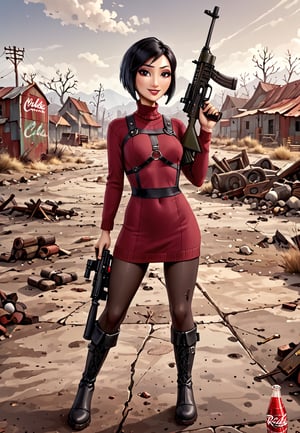 ((((Fallout_4_style)))), 24yo Ada Wong with BLACK asymmetrical blunt bobcut and (black eyeshadow), wearing (burgundy turtleneck sweater dress) with ((black_harness)), ((((black nylon pantyhose)))) under, (((long Black leather overknee thighhigh boots))), Holding ((Assault Rifle)), Gun, Weapon, in apocalyptic Downtown Boston, Nuka_Cola_Bottle, smile, hypnosis gaze, haze, perfect composition, epic, rtx on, UHD, 32K, photorealistic, ((natural realistic skin tone and texture)). Fallout_4_logo,disney pixar style,fallout,score_9, score_8_up