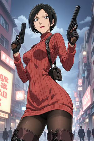 score_9,score_8_up,score_7_up,source_resident_evil_4,ada wong,solo, (burgundy_sweater,thigh boots,black pantyhose,holster,harness,black gloves,one handgun),smug,pointing handgun,presenting_foot,action, action_pose,inside_dark_building,horror_themed,dark,night,fog,viewed_from_side,low-angle_shot,official anime screenshot,official anime screencap,source_anime