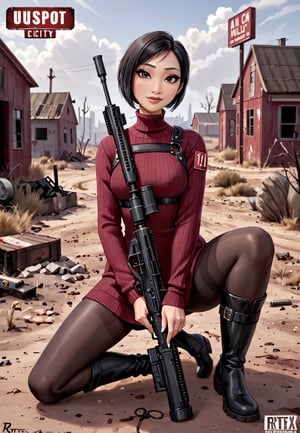 ((((Fallout_4_style)))), 24yo Ada Wong with BLACK asymmetrical blunt bobcut and (black eyeshadow), wearing (burgundy turtleneck sweater dress) with ((black_harness)), ((((black nylon pantyhose)))) under, (((long Black leather thighhigh boots))), she holds a (((Assault Rifle))), sitting in apocalyptic ((wastecity)), smirk, hypnosis gaze, nighttime, haze, perfect composition, epic, rtx on, UHD, 32K, photorealistic, ((natural realistic skin tone and texture)). Fallout_4_logo,disney pixar style