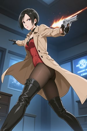 score_9,score_8_up,score_7_up,source_resident_evil_2,ada wong,solo, (brown trenchcoat,thigh boots,black pantyhose,black gloves,sunglasses,one handgun),serious,action shot,gunshot,dynamic_pose,action_pose,indoors,horror_themed,dark,night,dark atmosphere,spooky,viewed_from_side,low-angle_shot,official anime screenshot,official anime screencap,source_anime