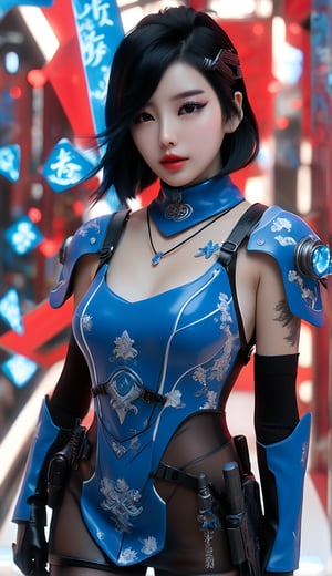 ((((Fallout_4_style)))), 24yo chinese girl Li Bingbing, with BLACK asymmetrical blunt bobcut, (black eyeshadow), wearing (burgundy turtleneck sweater dress) with ((black_harness)), ((((black nylon pantyhose)))) under, (((long Black leather thighhigh boots))), backpack, she holds a (((Assault Rifle))), in apocalyptic ((wastecity)), smirk, Fallout_4_logo, in the style of anime art, blue and white,xiaofei yue, chromepunk, ferrania p30, social media portraiture, victor nizovtsev, off – white patterned background, kawaii art, animated illustrations, daz3d, exotic realism, tattoo-inspired, vibrant manga, close-up intensity, japanese-inspired