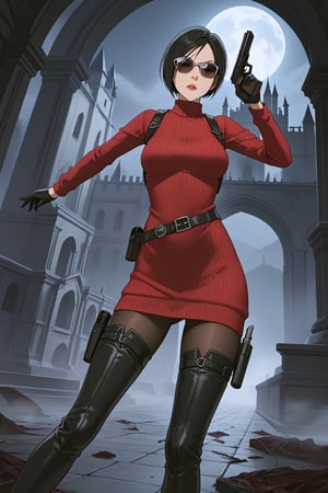 score_9, score_8_up, score_7_up, source_resident_evil_4,1girl,solo, ada wong, (burgundy sweater, thigh boots, black pantyhose, sunglasses,holster, black gloves,handgun),inside castle, action_pose, horror themed, dark,night,fog