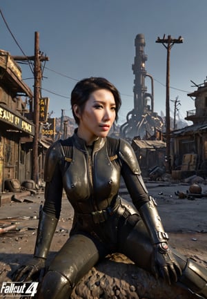 ((((Fallout_4_style)))), 24yo chinese girl Li Bingbing, with BLACK asymmetrical blunt bobcut, (black eyeshadow), wearing (chinese stealth suit), sitting in apocalyptic ((wastecity)), smirk, hypnosis gaze, nighttime, haze, perfect composition, epic, rtx on, UHD, 32K, photorealistic, ((natural realistic skin tone and texture)). Fallout_4_logo,