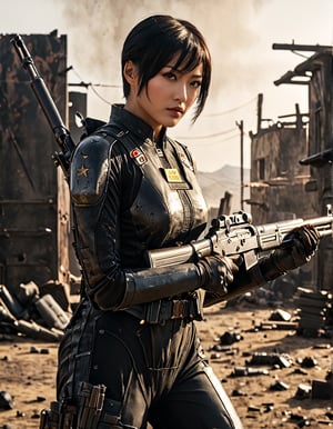 falloutcinematic, 24yo Ada Wong with BLACK asymmetrical blunt bobcut and (black eyeshadow), wearing (chinese stealth suit))), skillfully handling a rifle. The scene unfolds in a postapocalyptic wasteland, captured in a gritty, action-packed battle sequence. She is modeled with volumetric lighting, enhancing the drama of the scene. Render this image in 8K Extremely Realistic, focusing on achieving an extremely hyper-detailed and intricate composition that feels like an epic. The cinematic lighting should be emphasized to create a masterpiece effect. Ensure the image is in 8K resolution, Her face should be prominently framed, conveying intensity and focus. Choose an editorial medium body shot style of photography, maintaining an 8K RAW photo level quality, treated as a masterpiece. ensuring the render is extremely realistic and detailed, following the high standards of SDXL. Enhance the realism and detail of the hands (Perfect hands:1.2),M16 Rifle series,Extremely Realistic,fallout,chinese stealth suit