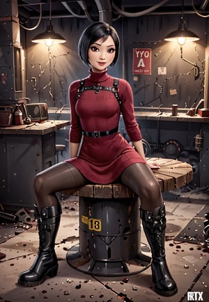 ((((Fallout_4_style)))), 24yo Ada Wong with BLACK asymmetrical blunt bobcut and (black eyeshadow), wearing (burgundy turtleneck sweater dress) with ((black_harness)), ((((black nylon pantyhose)))) under, (((long Black leather thighhigh boots))), sitting in apocalyptic ((wastecity)), smirk, hypnosis gaze, nighttime, haze, perfect composition, epic, rtx on, UHD, 32K, photorealistic, ((natural realistic skin tone and texture)). Fallout_4_logo,disney pixar style