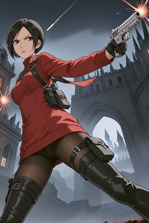 score_9,score_8_up,score_7_up,source_resident_evil_4,ada wong,solo, (burgundy_sweater,thigh boots,black pantyhose,holster,harness,black gloves,one handgun),serious,action shot,gunshot,dynamic_pose,action_pose,inside_castle,horror_themed,dark,night,fog,viewed_from_side,low-angle_shot,official anime screenshot,official anime screencap,source_anime,