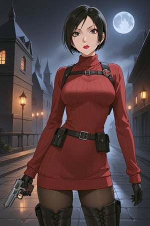 score_9, score_8_up, score_7_up, source_resident_evil_4,1girl,solo, ada wong, (burgundy sweater, thigh boots, black pantyhose, sunglasses,holster, black gloves,handgun),inside castle, dynamic_pose, horror themed, dark,night,fog