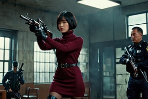JAPANESE GIRL with BLACK SHORT bob cut hair in the midst of an intense firefight, wearing (burgundy ribbed turtleneck sweater dress), (((black nylon pantyhose))) under, ((long Black leather thighhigh boots)), black gloves, skillfully handling a rifle. The scene unfolds in a police station, captured in a gritty, action-packed battle sequence. She is modeled with volumetric lighting, enhancing the drama of the scene. Render this image in 8K Extremely Realistic, focusing on achieving an extremely hyper-detailed and intricate composition that feels like an epic. The cinematic lighting should be emphasized to create a masterpiece effect. Ensure the image is in 8K resolution, Her face should be prominently framed, conveying intensity and focus. Choose an editorial medium body shot style of photography, maintaining an 8K RAW photo level quality, treated as a masterpiece. ensuring the render is extremely realistic and detailed, following the high standards of SDXL. Enhance the realism and detail of the hands (Perfect hands:1.2),M16 Rifle series,Extremely Realistic