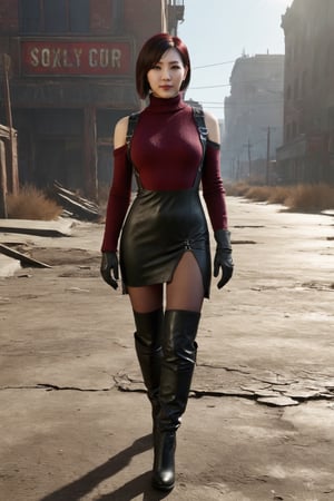 ((((Fallout_4_style)))), 24yo chinese girl, with BLACK asymmetrical blunt bobcut, (black eyeshadow), wearing (burgundy turtleneck sweater dress) with ((black_harness)), ((((black nylon pantyhose)))) under, (((long Black leather thighhigh boots))), in apocalyptic ((wastecity)), smirk, volumetric lighting, Render this image in 8K Extremely Realistic, Ensure the image is in 8K resolution, maintaining an 8K RAW photo level quality, treated as a masterpiece. ensuring the render is extremely realistic and detailed, following the high standards of SDXL. Enhance the realism and detail of the hands (Perfect hands:1.2), Fallout_4_logo