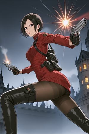 score_9,score_8_up,score_7_up,source_resident_evil_4,ada wong,solo, (burgundy_sweater,thigh boots,black pantyhose,holster,harness,black gloves,one handgun),serious,action shot,gunshot,dynamic_pose,action_pose,inside_castle,horror_themed,dark,night,fog,viewed_from_side,low-angle_shot,official anime screenshot,official anime screencap,source_anime,