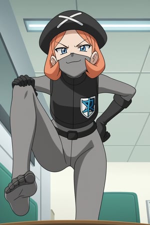 score_9, score_8_up, score_7_up,source_anime,pmpgrunt,orange hair, medium hair, blue eyes,black beret, mouth mask, black vest, grey bodysuit, belt, black gloves,pantyhose,evil smug,hands on hip,leaning forward, standing on one leg,presenting foot,foot focus,in secret,from below,pov,office,official anime screenshot,official anime screencap,epic,detailed,Anime screencap,finetuneanime