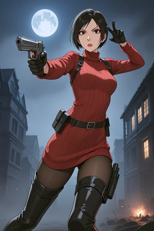 score_9, score_8_up, score_7_up, source_resident_evil_4,1girl,solo, ada wong, (burgundy sweater, thigh boots, black pantyhose, sunglasses,holster, black gloves,handgun), action_pose,dynamic_pose, horror themed, dark,night,fog