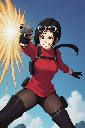 score_9,score_8_up,score_7_up,ada wong,solo, (burgundy sweater,thigh boots,black pantyhose,holster,harness,black gloves,sunglasses on head,handgun,aiming, grin,action shot,gunshot,dynamic_pose,action_pose,viewed_from_below,source_cartoon,source_anime,drgbls1