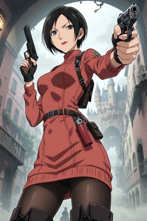 score_9,score_8_up,score_7_up,resident_evil_4,ada wong,solo, (burgundy_sweater,thigh boots,black pantyhose,holster,harness,black gloves,one handgun),smug,pointing handgun,action, action_pose,inside_castle,horror_themed,dark,night,fog,viewed_from_side,low-angle_shot,official anime screenshot,official anime screencap,source_anime