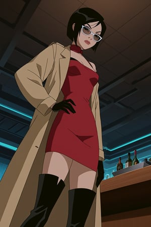 score_9,score_8_up,score_7_up,source_resident_evil_2,mulan as ada wong,solo, (brown trenchcoat,short shoulderfree red dress, thigh boots,black pantyhose,black gloves,sunglasses),serious,shows middle finger,hand on hip,indoors,cyberpunk,sci-fi,futuristic,night,dark,bar,low-angle_shot,official anime screenshot,official anime screencap,source_anime,dcaustyle