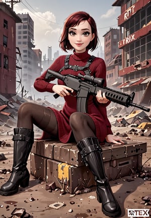 ((((Fallout_4_style)))), 24yo chinese girl Li Bingbing with BLACK asymmetrical blunt bobcut and (black eyeshadow), wearing (burgundy turtleneck sweater dress) with ((black_harness)), ((((black nylon pantyhose)))) under, (((long Black leather thighhigh boots))), she holds a (((Assault Rifle))), sitting in apocalyptic ((wastecity)), smirk, hypnosis gaze, nighttime, haze, perfect composition, epic, rtx on, UHD, 32K, photorealistic, ((natural realistic skin tone and texture)). Fallout_4_logo,disney pixar style