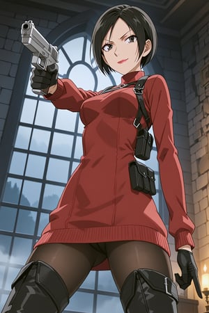 score_9,score_8_up,score_7_up,soutce_resident_evil_4,ada wong,solo, (burgundy_sweater,thigh boots,black pantyhose,holster,harness,black gloves,one handgun),smug,pointing handgun,action, action_pose,inside_castle,horror_themed,dark,night,fog,viewed_from_side,low-angle_shot,official anime screenshot,official anime screencap,source_anime