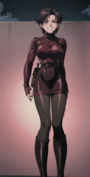 ((Masterpiece, best quality)), Thigh up, EPBlackLagoonStyle, Solo, Ada Wong with Asymmetrical short hair, wearing a ((burgundy Turtleneck sweater dress)), (((black Pantyhose))), (((Long black leather thighhigh Boots))), (Holster, harness), smirk, dark atmosphere, Horror themed, midnight, inside Police station,Anime,EPBlackLagoonStyle
