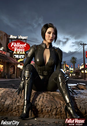 ((((Fallout_new vegas_ themed)))), 24yo chinese girl Li Bingbing, with BLACK asymmetrical blunt bobcut, (black eyeshadow), wearing (chinese stealth suit), sitting in apocalyptic destroyed ((new vegas wastecity)), smirk, hypnosis gaze, nighttime, haze, perfect composition, epic, rtx on, UHD, 32K, photorealistic, ((natural realistic skin tone and texture)). Fallout_new vegas_logo,