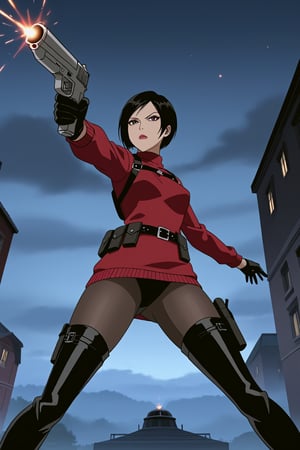 score_9,score_8_up,score_7_up,source_resident_evil_4,ada wong,solo, (burgundy_sweater,thigh boots,black pantyhose,holster,harness,black gloves,one handgun),serious,action shot,gunshot,dynamic_pose,action_pose,inside,horror_themed,dark,night,fog,viewed_from_side,low-angle_shot,official anime screenshot,official anime screencap,source_anime,dcaustyle