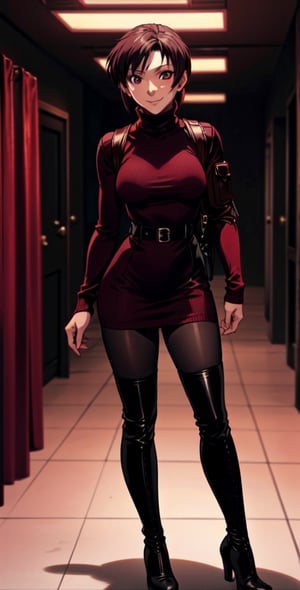 Thigh up, EPBlackLagoonStyle, Solo, Ada Wong with Asymmetrical short hair, wearing a ((burgundy Turtleneck sweater dress)), (((black Pantyhose))), (((Long black leather thighhigh Boots))), (Holster, harness), smile, dark atmosphere, Horror themed, midnight, inside Police station