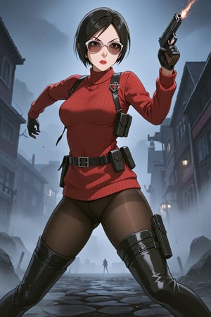 score_9, score_8_up, score_7_up, source_resident_evil_4,1girl,solo, ada wong, (burgundy sweater, thigh boots, black pantyhose, sunglasses,holster, black gloves,handgun), action_pose,dynamic_pose, horror themed, dark,night,fog