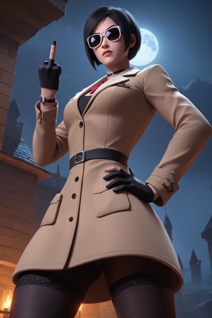 score_9, score_8_up, score_7_up, ada wong,solo, (brown trenchcoat,thigh boots,black pantyhose,black gloves,sunglasses),serious,shows middle finger,hand on hip,indoors,castle,horror_themed,dark,night,dark atmosphere,spooky,low-angle_shot