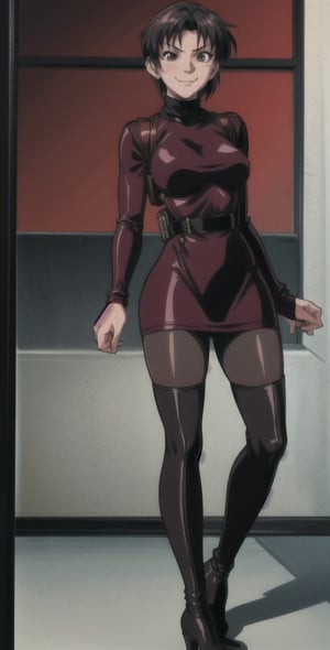 ((Masterpiece, best quality)), Thigh up, EPBlackLagoonStyle, Solo, Ada Wong with Asymmetrical short hair, wearing a ((burgundy Turtleneck sweater dress)), (((black Pantyhose))), (((Long black leather thighhigh Boots))), (Holster, harness), smirk, dark atmosphere, Horror themed, midnight, inside Police station,Anime,EPBlackLagoonStyle