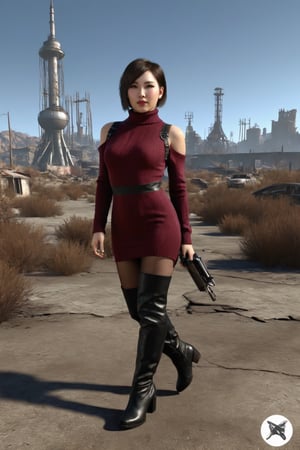 ((((Fallout_4_style)))), 24yo chinese girl, with BLACK asymmetrical blunt bobcut, (black eyeshadow), wearing (burgundy turtleneck sweater dress) with ((black_harness)), ((((black nylon pantyhose)))) under, (((long Black leather thighhigh boots))), in apocalyptic ((wastecity)), smirk, volumetric lighting, Render this image in 8K Extremely Realistic, Ensure the image is in 8K resolution, maintaining an 8K RAW photo level quality, treated as a masterpiece. ensuring the render is extremely realistic and detailed, following the high standards of SDXL. Enhance the realism and detail of the hands (Perfect hands:1.2), Fallout_4_logo