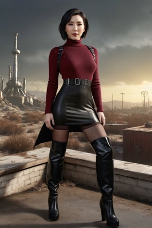 ((((Fallout_4_style)))), 24yo li bingbing, with BLACK asymmetrical blunt bobcut, (black eyeshadow), wearing (burgundy turtleneck sweater dress) with ((black_harness)), ((((black nylon pantyhose)))) under, (((long Black leather thighhigh boots))), in apocalyptic ((wastecity)), smirk, volumetric lighting, Render this image in 8K Extremely Realistic, Ensure the image is in 8K resolution, maintaining an 8K RAW photo level quality, treated as a masterpiece. ensuring the render is extremely realistic and detailed, following the high standards of SDXL. Enhance the realism and detail of the hands (Perfect hands:1.2), Fallout_4_logo