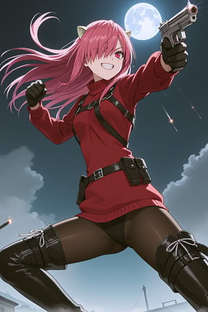 score_9,score_8_up,score_7_up,lucy,solo, long hair, pink hair, horns, pink eyes, hair over one eye,red sweater dress,thigh boots,black pantyhose,holster,harness,handgun,black gloves,sunglasses, aiming, grin,action shot,gunshot,dynamic_pose,action_pose,viewed_from_below,night,dark,fog,moon,official anime screenshot,official anime screencap,source_anime