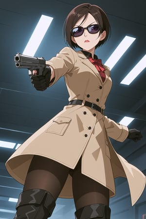 score_9,score_8_up,score_7_up,source_resident_evil_2,ada wong,solo, (brown trenchcoat,thigh boots,black pantyhose,black gloves,sunglasses,one handgun),serious,action shot,gunshot,dynamic_pose,action_pose,indoors,horror_themed,dark,night,dark atmosphere,spooky,viewed_from_side,low-angle_shot,official anime screenshot,official anime screencap,source_anime