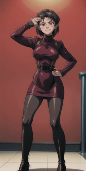 ((Masterpiece, best quality)), Thigh up, EPBlackLagoonStyle, Solo, Ada Wong with Asymmetrical short hair, wearing a ((burgundy Turtleneck sweater dress)), (((black Pantyhose))), (((Long black leather thighhigh Boots))), (Holster, harness), (fg2h, fingergun g2h, gun to head, handgun, holding gun)), smirk, dark atmosphere, Horror themed, midnight, inside Police station,Anime,EPBlackLagoonStyle