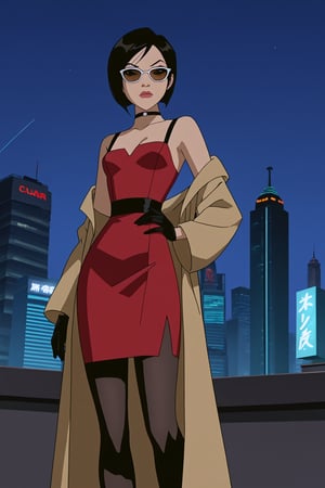 score_9,score_8_up,score_7_up,source_resident_evil_2,mulan as ada wong,solo, (brown trenchcoat,short shoulderfree red dress,black pantyhose,black gloves,sunglasses),serious,shows middle finger,hand on hip,cyberpunk,sci-fi,futuristic,night,neon lights,city,low-angle_shot,official anime screenshot,official anime screencap,source_anime,dcaustyle