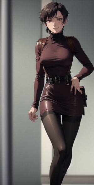 Thigh up, EPBlackLagoonStyle, Solo, Ada Wong with short hair, wearing a ((burgundy Turtleneck sweater dress)), (((black Pantyhose))) under, (((Long black leather thighhigh Boots))), (gun and Holster, harness), smile, dark atmosphere, Horror themed, midnight, inside Police station
