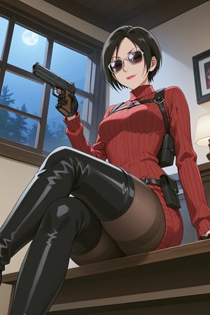 score_9,score_8_up,score_7_up,ada wong,solo, (burgundy sweater,thigh boots,black pantyhose,holster,harness,black gloves,sunglasses,handgun),evil smug,crossed_legs_(sitting),indoors,window,horror_themed,dark,night,dark atmosphere,spooky,low-angle_shot,from below,official anime screenshot,official anime screencap,source_hentai