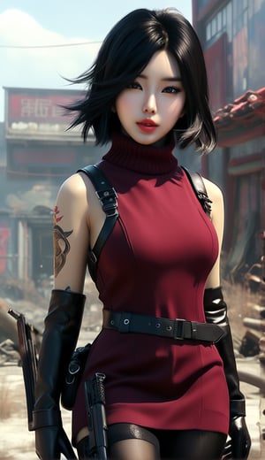 ((((Fallout_4_style)))), 24yo chinese girl Li Bingbing, with BLACK asymmetrical blunt bobcut, (black eyeshadow), wearing (burgundy turtleneck sweater dress) with ((black_harness)), ((((black nylon pantyhose)))) under, (((long Black leather thighhigh boots))), backpack, she holds a (((Assault Rifle))), in apocalyptic ((wastecity)), smirk, Fallout_4_logo, in the style of anime art, xiaofei yue, chromepunk, ferrania p30, social media portraiture, victor nizovtsev, kawaii art, animated illustrations, daz3d, exotic realism, tattoo-inspired, vibrant manga, japanese-inspired